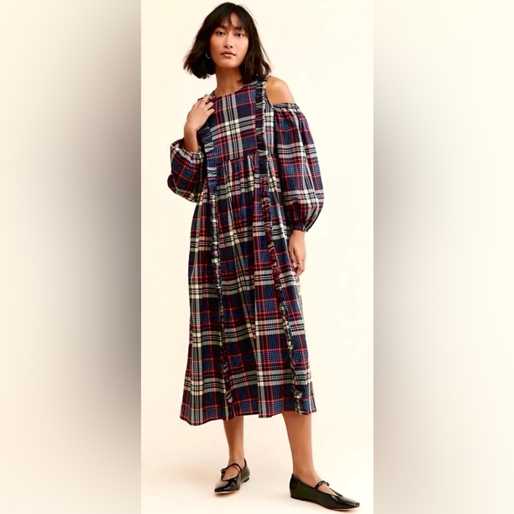 Damson Madder Wren Midi Dress Oversized Cold Shoulder Red Blue Plaid  Size US 6